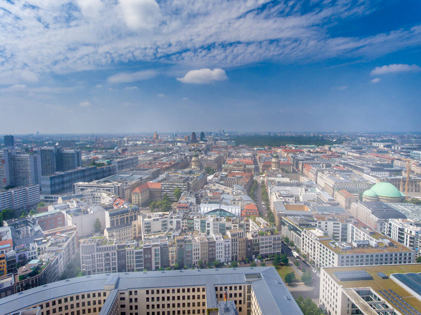 Aerial view of Berlin cityscape from drone in summer season with city landmarks and blue sky - 写真・画像