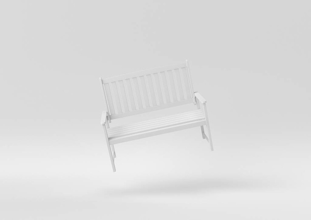 Biała drewniana ławka parkowa pływająca na białym tle. minimalny pomysł koncepcyjny. monochromatyczne. 3d renderowanie - Zdjęcie, obraz