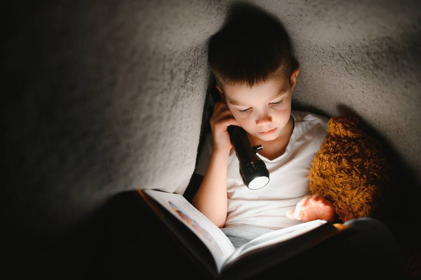 Portrait of cute little boy reading in bed with flashlight in dark room, enjoying fairytales - Foto, afbeelding
