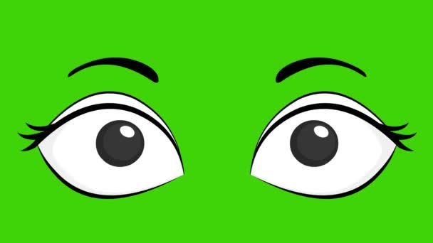 Loop animatie van vrouwelijke ogen knipperend, geïllustreerd met zwart-wit kleuren, op een groene chroma key achtergrond - Video