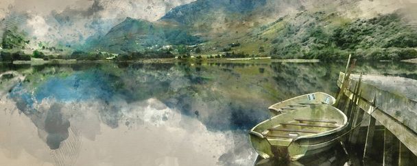 Pittura digitale ad acquerello di Panorama paesaggio barche a remi sul lago con molo contro sfondo catena montuosa - Foto, immagini