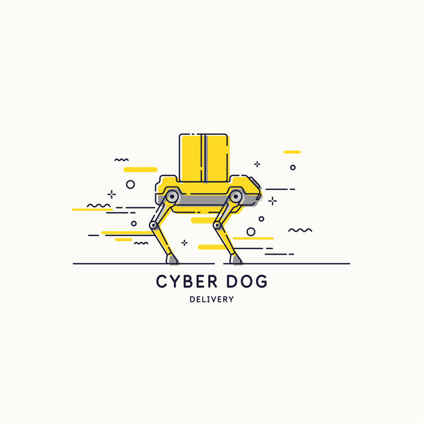 Vektorzeichnung eines Cyber-Hundes. Der Roboter liefert die Bestellung an den Käufer aus. Lebensmittellieferung auf dem Landweg. - Vektor, Bild