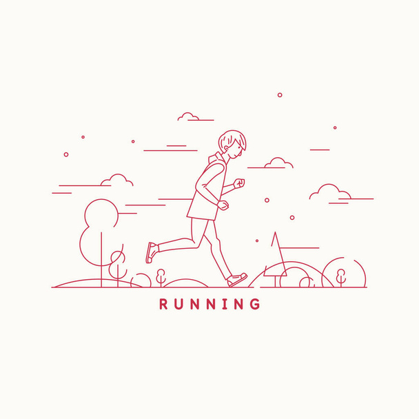 A young man is jogging in nature. The guy does sports and runs forward. Linear illustration in cartoon style. - Vector, Image