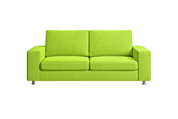 Limonkowa, zielona kanapa tkaninowa na metalowych nóżkach z niklu, izolowana na białym tle ze ścieżką wycinania. Seria mebli - Zdjęcie, obraz