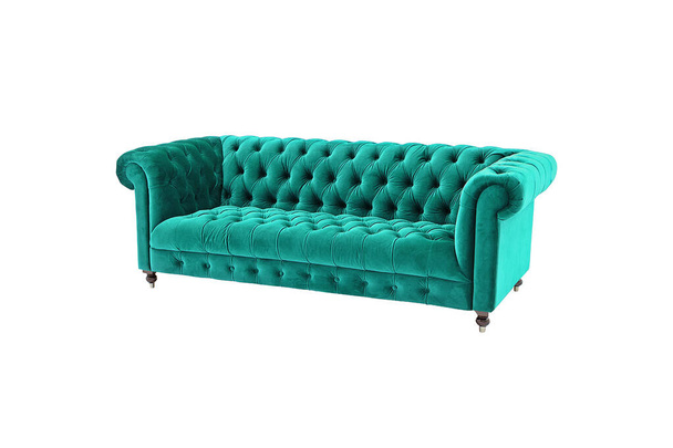 Turquoise quilted velvet classic sofa isolated on white background with clipping path. Series of furniture - Photo, Image
