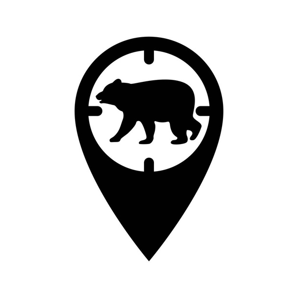 Pro lovce znamení na mapě v podobě optického zraku se siluetou medvěda. GPS značka, místa pro lov divokých zvířat. Ikona vektoru. - Vektor, obrázek