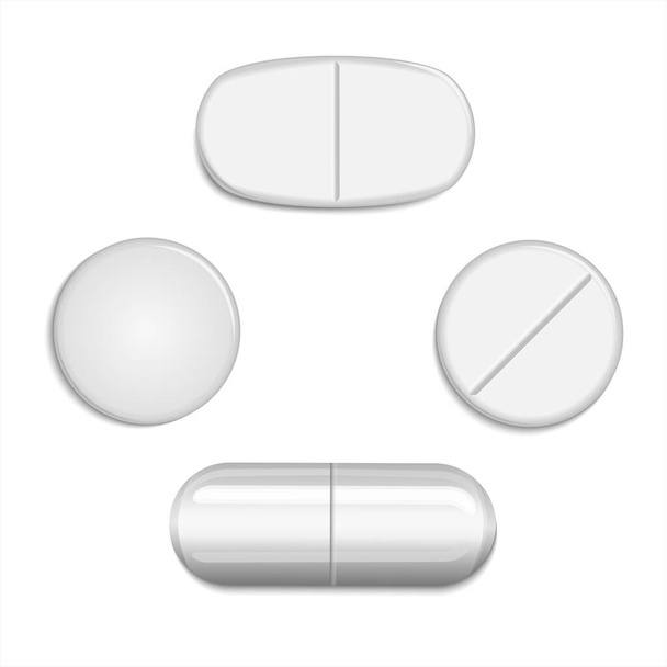 Ovális, kerek és kapszula alakú tabletták gyűjtése. Vektor Az orvostudomány és a gyógyszerek illusztrációja. Gyógyszer gyógyszer, kapszula és tabletta modern 3d Realisztikus. - Vektor, kép