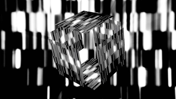 Abstracte monochrome gloeiende rechthoekige blok met de bewegende zijden en gloeiende stralen. Beweging. Zwart-wit glinsterende tegels op de achtergrond. - Foto, afbeelding