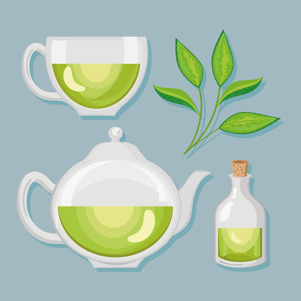 πράσινο τσάι τέσσερα εικονίδια - Διάνυσμα, εικόνα