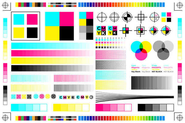 CMYK Druckkalibrierung Illustration mit Offsetdruckmarken und Farbtest - Vektor, Bild