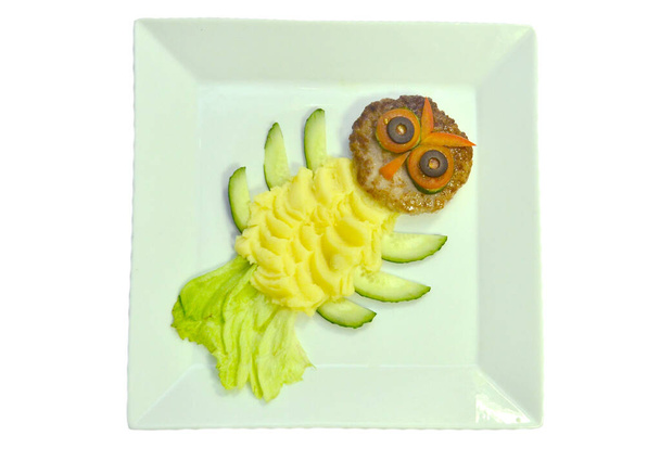 Dish of meat vegetables and sauce in the form of an owl on the plate - Photo, Image