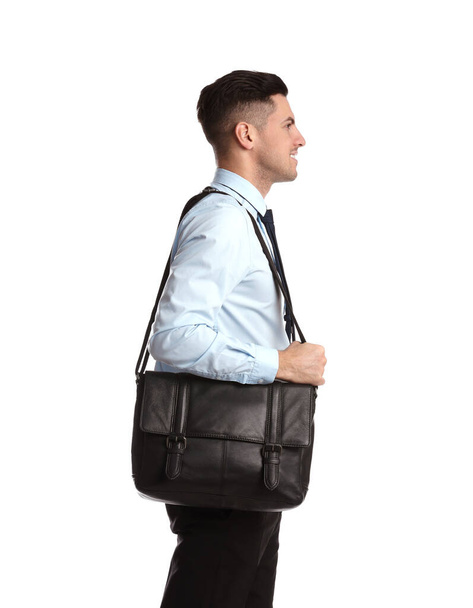Businessman with stylish leather briefcase on white background - Fotografie, Obrázek