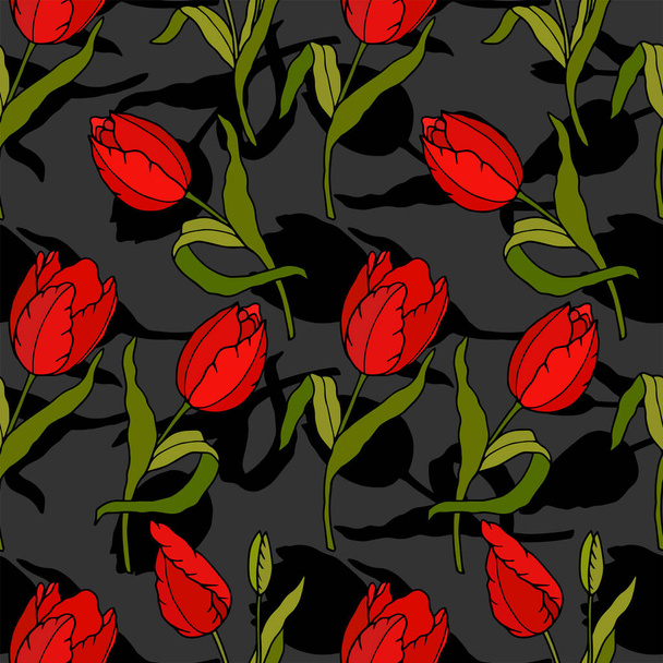 плавный узор с красными розами и листьями. векторная иллюстрация. - Вектор,изображение