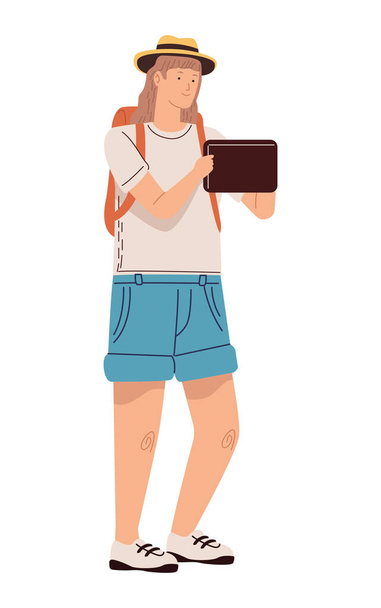 женщина-путешественница в планшете - Вектор,изображение