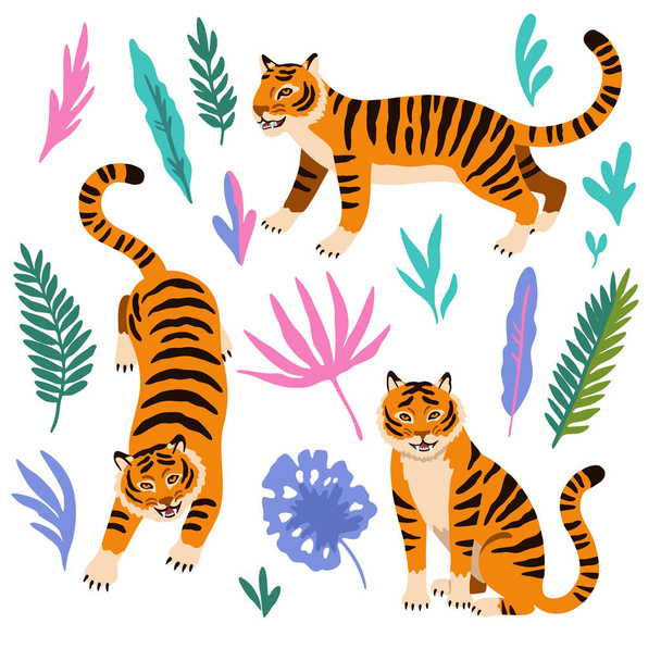 Set of cute cartoon tigers and tropical floral elements isolated on white background. - Vektör, Görsel