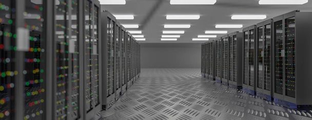 Servers. Servers room data center. Back-up, mijnbouw, hosting, mainframe, boerderij en computer rack met opslaginformatie. 3d destructie - Foto, afbeelding