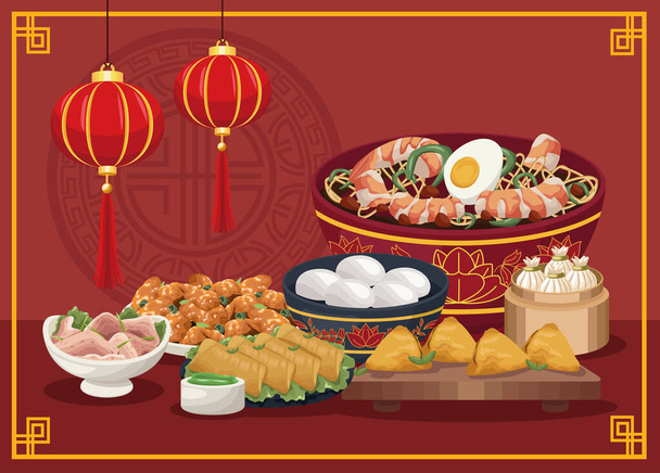 seven chinese food dishes scene - Vector, Image
