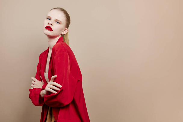 pretty woman cosmetics red lips fashion studio model unaltered - Fotó, kép