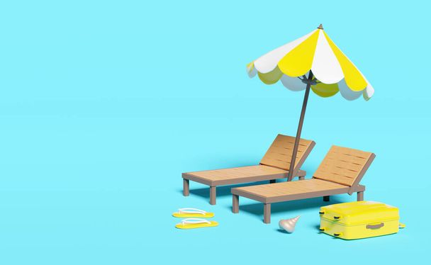 nyári utazás sárga bőrönddel, strand szék, esernyő, szandál elszigetelt kék háttérrel. koncepció 3d illusztráció vagy 3d render - Fotó, kép