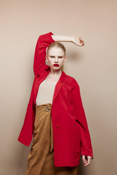 woman red lips fashion jacket studio model unaltered - Fotoğraf, Görsel