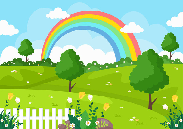 Spring Time Landscape Background with Flowers Season, Rainbow and Plant for Promotions, Magazines, Advertising or Websites. Nature Vector illustration - Διάνυσμα, εικόνα