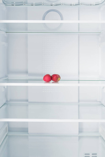 two red radishes lie on a shelf in an open refrigerator - Fotografie, Obrázek