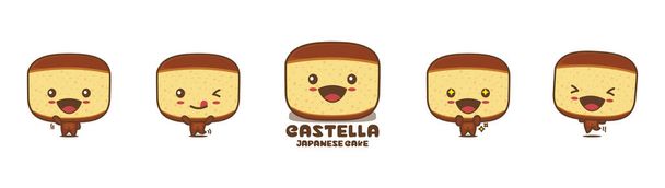 Linda mascota de dibujos animados castella, ilustración de vector de pastel de esponja japonesa, con diferentes expresiones faciales y poses, aislado sobre fondo blanco - Vector, Imagen