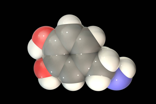 Молекула дофамина, 3D иллюстрация. Молекула нейромодуляции, нейромедиатор, является ключевой частью нейрофизиологии головного мозга, также используемой в качестве препарата - Фото, изображение