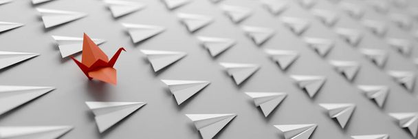Um pássaro origami entre planos infinitos todos iguais; conceitos de liderança, renderização 3d - Foto, Imagem