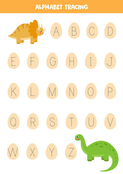 Tracciamento delle lettere dell'alfabeto inglese. Foglio di lavoro con dinosauri carini. - Vettoriali, immagini