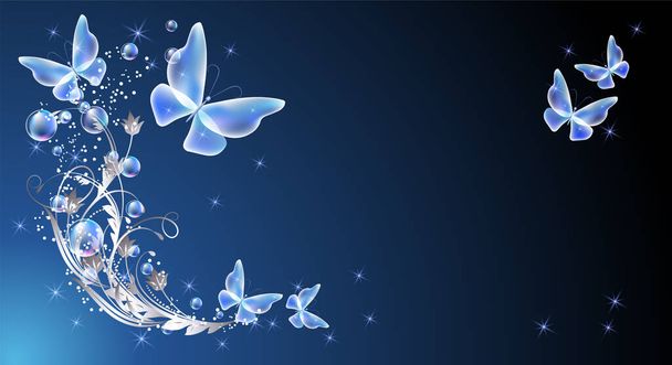 Glowing fairytale night background with magical blue butterflies and bubbles, flowers ornate and shiny stars. Fantasy sparkle composition consists of transparent iridescent balls, floral ornament and copy space. - Vecteur, image