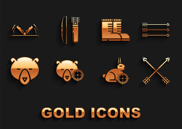 Set Hunt on bear with crosshairs, Hipster arrows, Crossed, rabbit, Bear head, Hunter boots, Trap hunting and Bow and quiver icon. Vector - Vector, Image