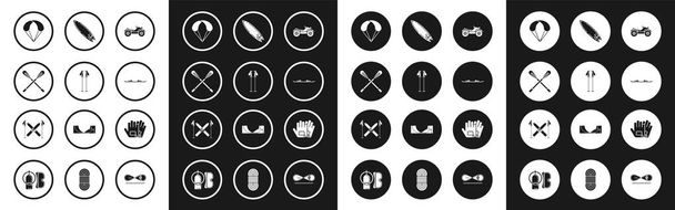 Set All Terrain Vehicle or ATV motorcycle, Ski poles, Crossed paddle, Parachute, Snowboard, Surfboard, Gloves and and and sticks icon. Вектор - Вектор,изображение
