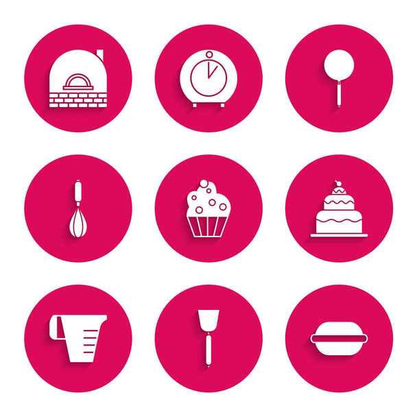 Set Cupcake, Spatula, Macaron cookie, Cake, Measuring cup, Kitchen whisk, Frying pan and Brick stove icon. Vector - Vector, Image