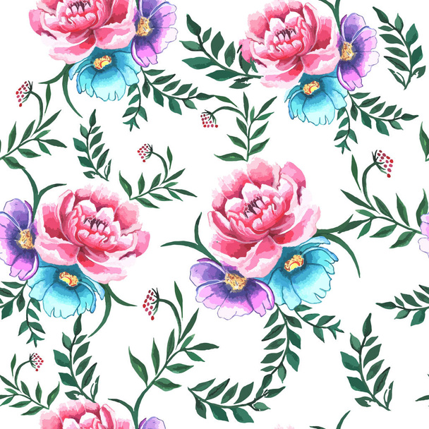 seamless pattern of watercolor bouquet of flowers - pink peonies with blue and purple anemones. colorful hand-drawn floral botanical vector illustration for textiles, design, diary covers, postcards - Vector, Image