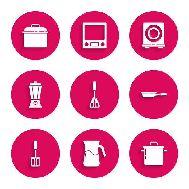 Комплект шпатель, стакан с водой, кухонный горшок, сковородка, блендер, электрическая плита и икона. Вектор - Вектор,изображение