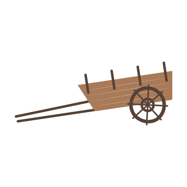 A simple two-wheeled cart for harnessing horses and cattle. Traditional rural transport. Farm and ranch item. Means for agriculture and farming. Rural life object. Classic wooden wagon. - Вектор,изображение