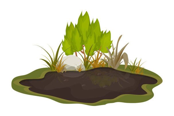 Грязная грязная лужа, болото с камнем, трава в мультяшном стиле изолированы на белом фоне. Природная влажная почва, лесной пруд, озерный клип.  - Вектор,изображение