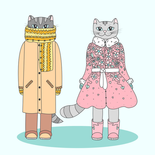 İnsanlaştırılmış kış kedileri. Sıcak kıyafetler giymiş iki sevimli çizgi film kedisi. Taslak renk vektör çizimi - Vektör, Görsel