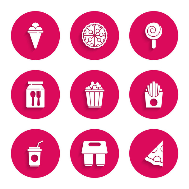 Set Popcorn in box, Coffee cup to go, Slice pizza, Potatoes french fries, Paper glass with straw, Online ordering and delivery, Lollipop and Ice cream waffle cone icon. Vector - Vector, Image