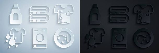 Szett Mosógép, Piszkos póló, Törülköző verem és palack tisztítószer ikon. Vektor - Vektor, kép