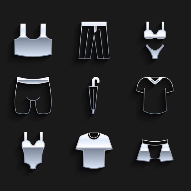Set Umbrella, T-shirt, Men underpants, Swimsuit, Cycling shorts, and Undershirt icon. Vector - Vector, Image