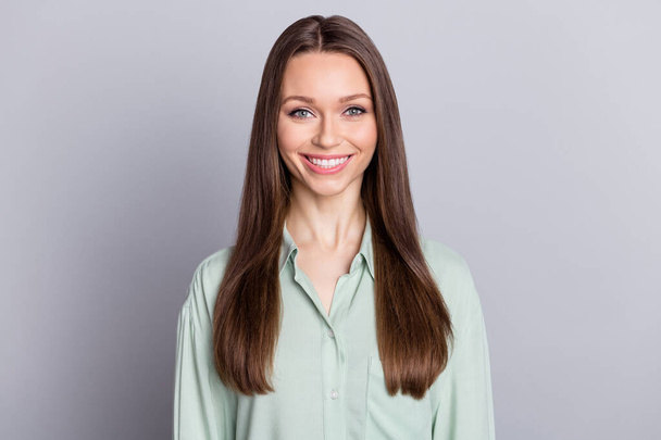 Photo of cool ceo brunette lady wear blue blouse isolated on grey color background - Φωτογραφία, εικόνα