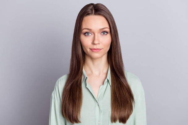 Photo of nice boss brunette lady wear blue blouse isolated on grey color background - 写真・画像