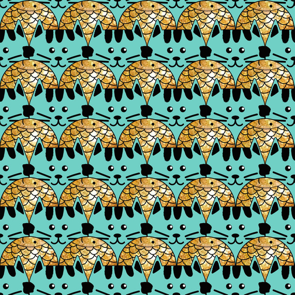 Cute cat heads with gold fish seamless pattern. Vector illustration - Διάνυσμα, εικόνα
