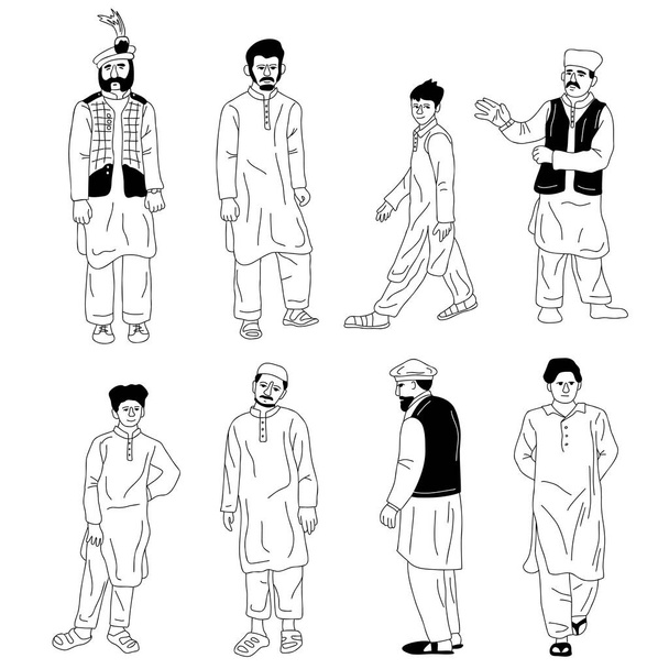 Чоловіки з Південної Азії пішли. Хлопці, молодь і старий у Шалвар Камез і Шервані національний одяг Пакистану. Інклюзивність та дизайн елементів векторного зображення - Вектор, зображення