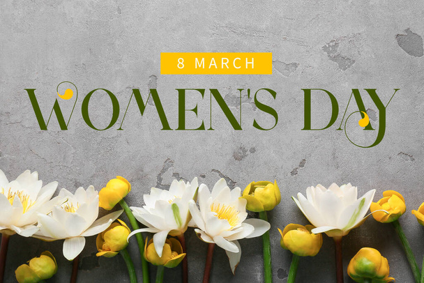 Gyönyörű üdvözlőlap a nemzetközi nőnapi ünnepségre, gyönyörű virágokkal - Fotó, kép