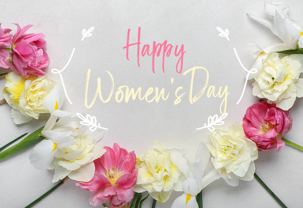 Hermosa tarjeta de felicitación para la celebración del Día Internacional de la Mujer con flores de primavera - Foto, imagen