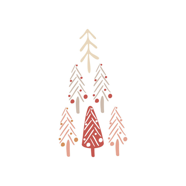 Boho kış tatili unsurları el çizimi tarzında. Noel vektör dekorasyonu. İskandinav Noel manzarası, Noel ağaçları ve eski renkte kar. Tebrik kartları, posterler, davetiyeler ve bebek baskısı tasarımı - Vektör, Görsel