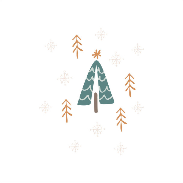 Boho στοιχεία χειμερινές διακοπές στο χέρι που στυλ. Χριστουγεννιάτικη διακόσμηση διάνυσμα. Σκανδιναβικό Χριστουγεννιάτικο τοπίο, χριστουγεννιάτικα δέντρα και χιόνι σε ρετρό χρώματα. Ευχετήριες κάρτες, αφίσες, πρόσκληση και σχέδιο baby print - Διάνυσμα, εικόνα